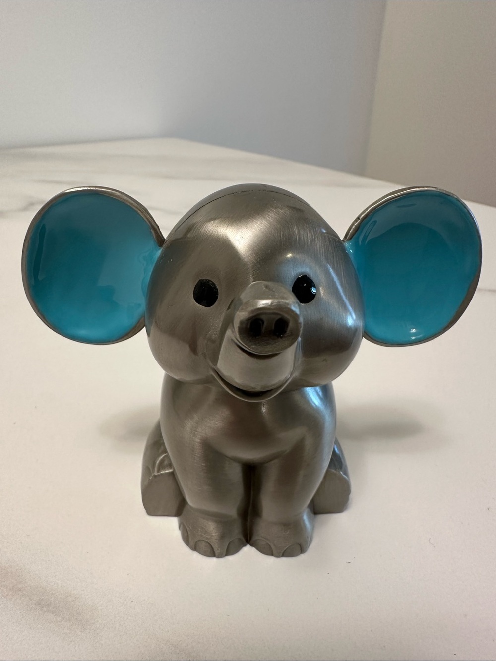 Noa Kids Pewter Plated Elephant Money Bank w/ Blue Enamel Ears